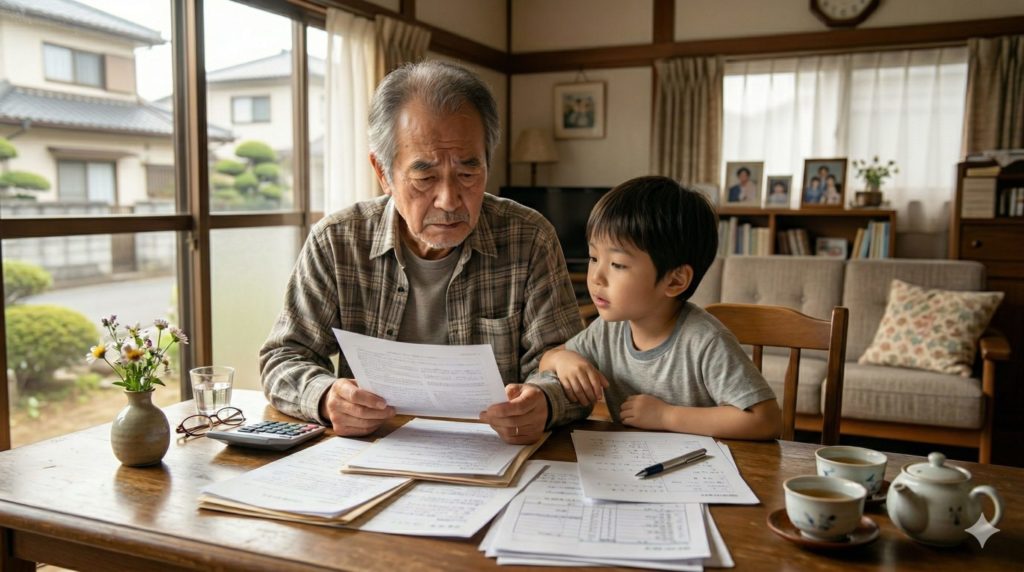 祖父と孫が重要な書類を前に向き合うイメージ・相続と養子縁組の問題
