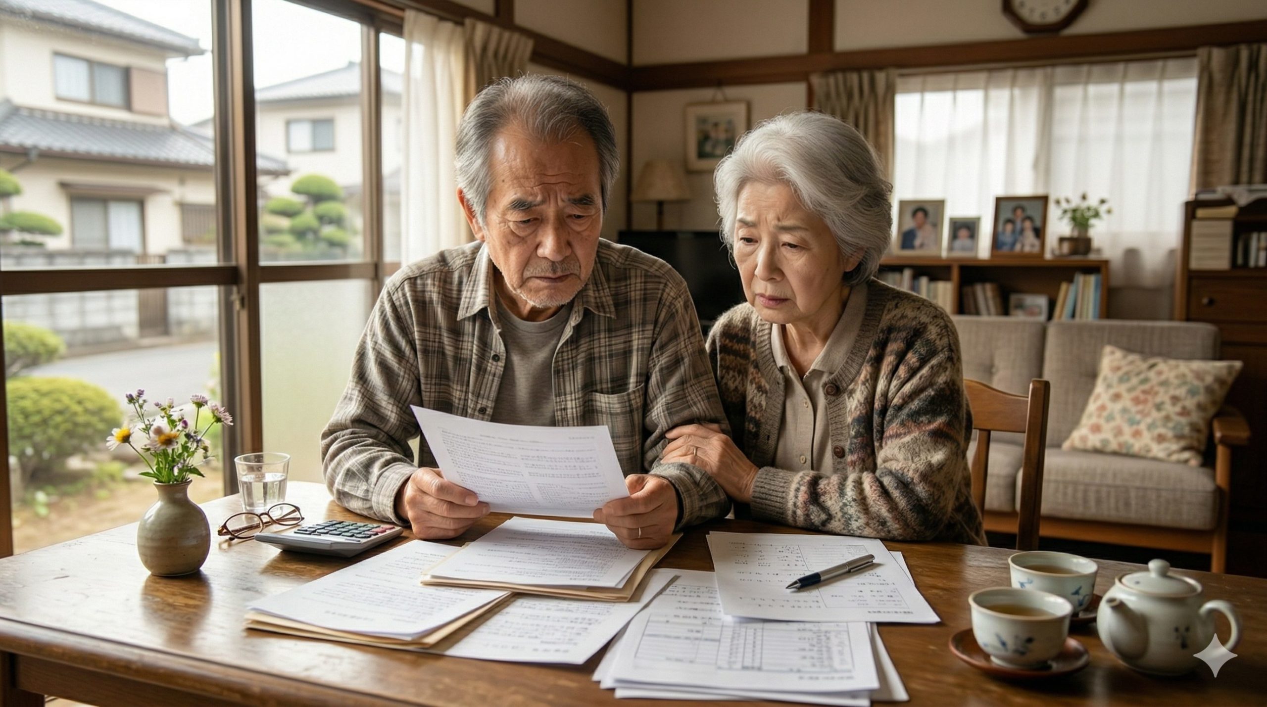 相続税の申告書類を前に頭を抱える高齢夫婦のイメージ