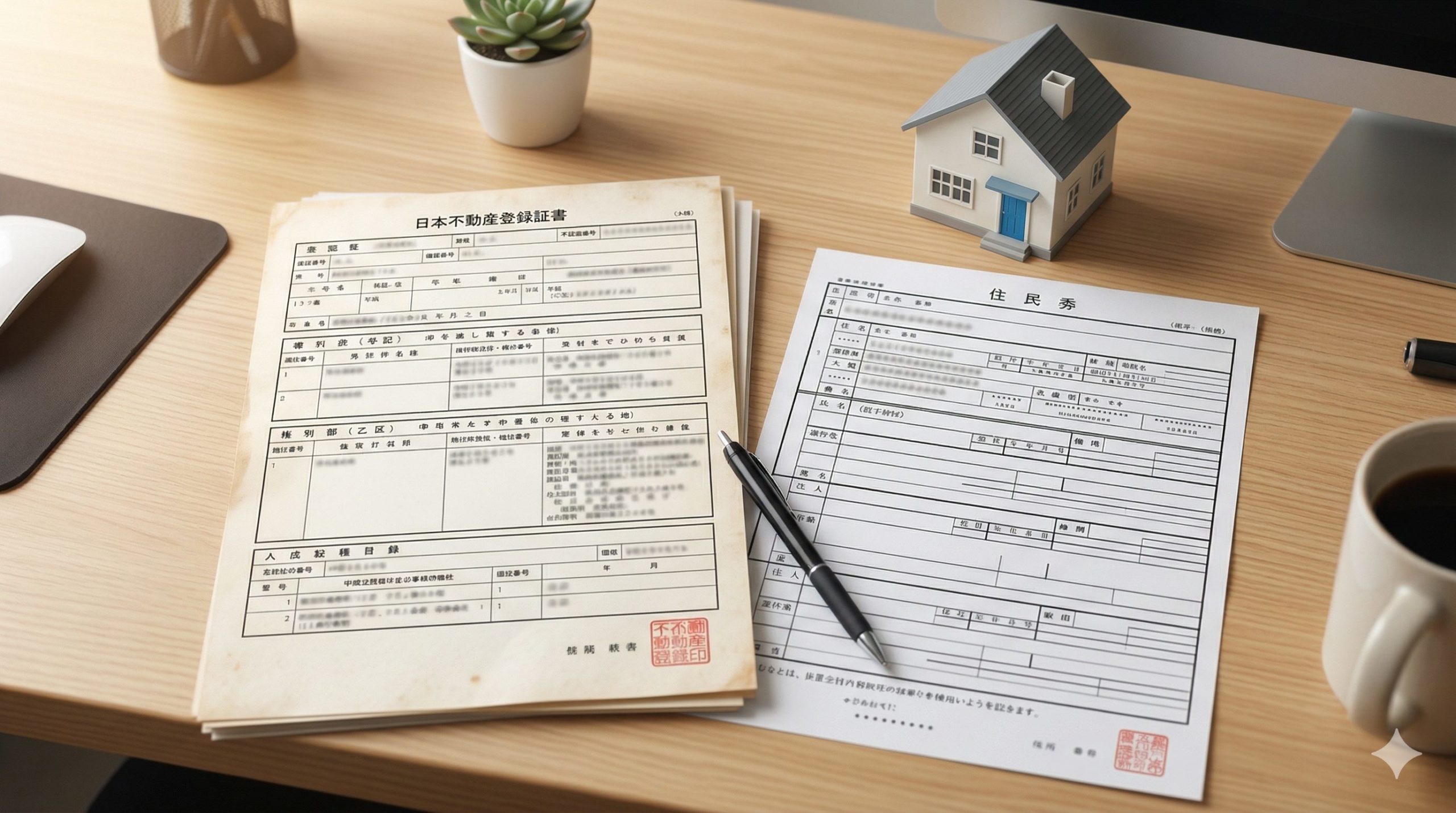 不動産登記の書類と印鑑が置かれたデスクのイメージ