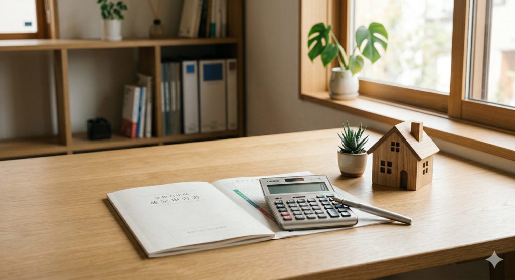相続税の申告書類と電卓・家の模型が置かれたデスクのイメージ