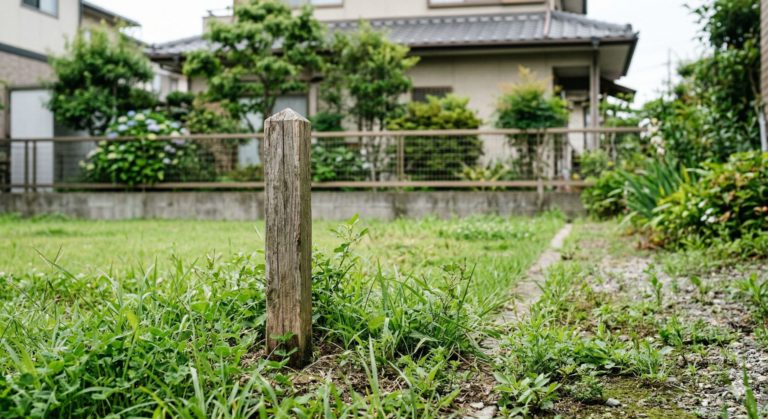 土地の境界杭が打たれた現場のイメージ・売主の境界明示義務と縄伸びリスクを示す