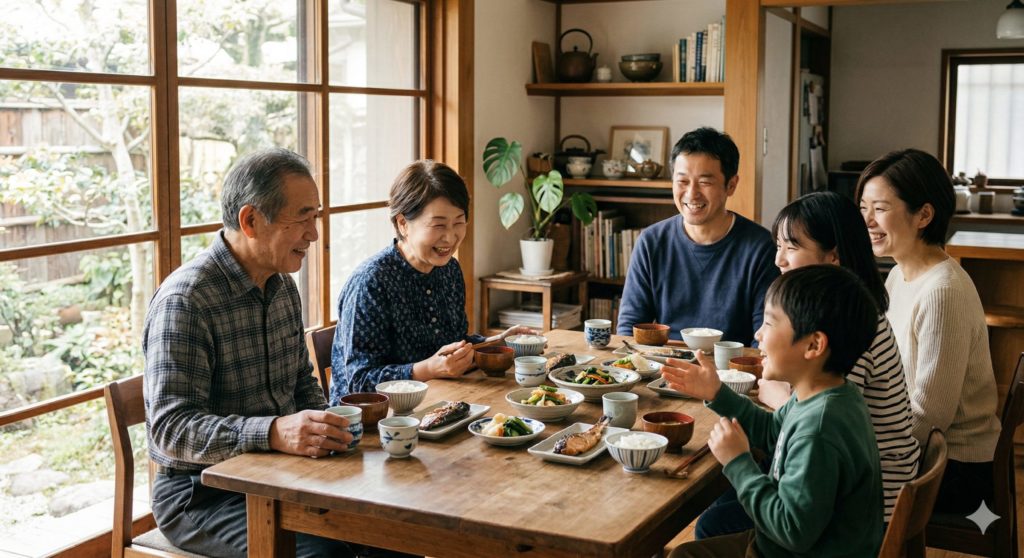家族が穏やかにテーブルで相続について話し合っている様子